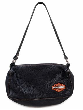 Harley-Davidson Black Leather Shoulder Bag Purse Embroidered Logo Motorcycle